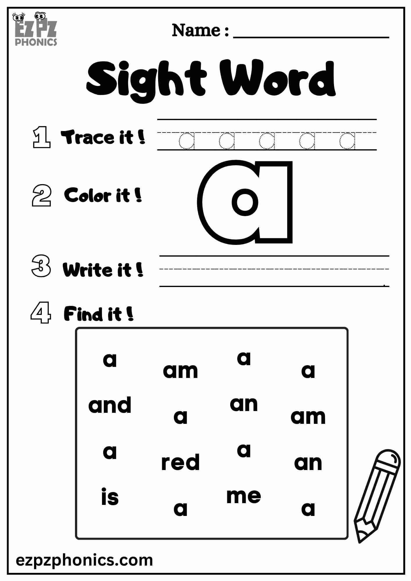 The "A" Sight Word Worksheet for Pre-Kindergarten Students Dolch Sight Words Free PDF Download